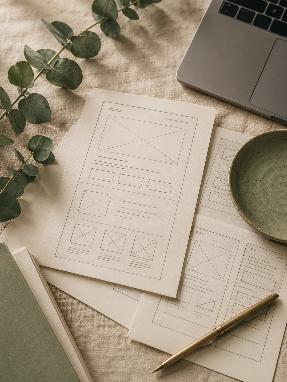 Website wireframe sketches with eucalyptus and a sage ceramic dish
