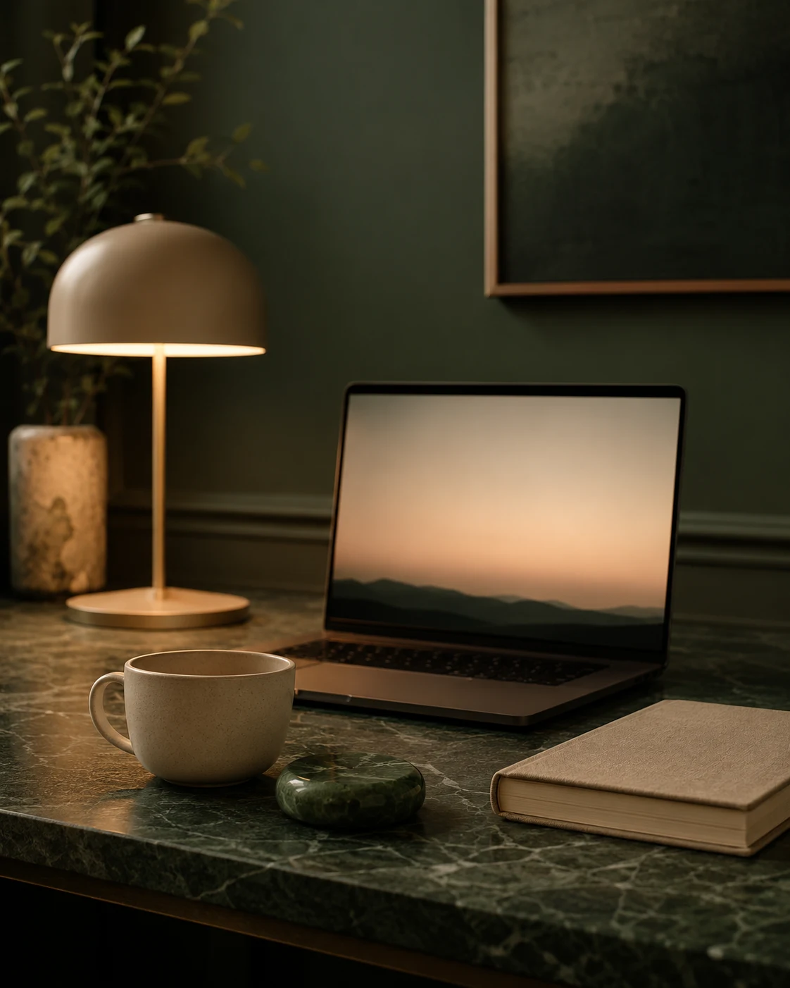 Studio workspace at dusk with a jade stone on the desk